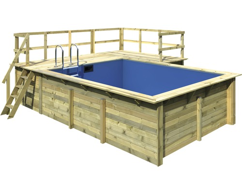 Kit de piscine hors sol en bois Karibu taille 2 rectangulaire 582x483x124 cm avec tapis de sol, habillage intérieur avec rebord de fixation et échelle avec plate-forme