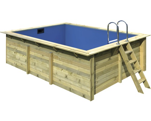 Kit de piscine hors sol en bois Karibu taille 2 rectangulaire 350x440x124 cm avec tapis de sol, habillage intérieur avec rebord de fixation et échelle