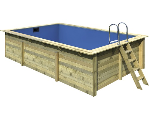 Kit de piscine hors sol en bois Karibu taille 3 rectangulaire 530x350x125 cm avec tapis de sol, habillage intérieur avec rebord de fixation et échelle avec plate-forme