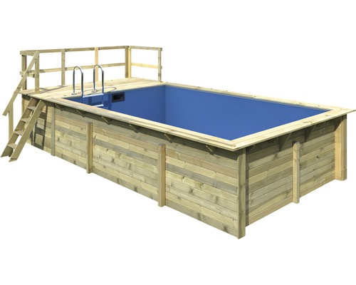 Kit de piscine hors sol en bois Karibu taille 3 rectangulaire 672x353x124 cm avec tapis de sol, habillage intérieur avec rebord de fixation et échelle avec plate-forme