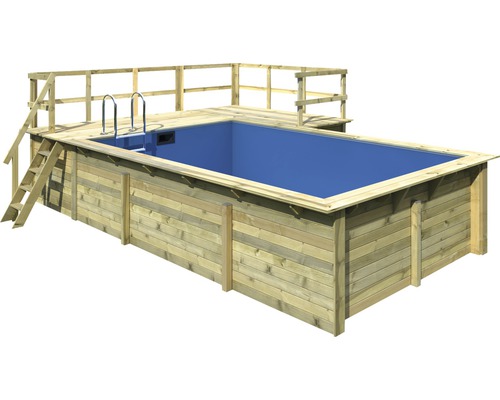 Kit de piscine hors sol en bois Karibu taille 3 rectangulaire 672x483x124 cm avec tapis de sol, habillage intérieur avec rebord de fixation et échelle avec plate-forme en L