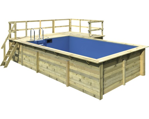 Aufstellpool Holzpool-Set Karibu Grösse 3 rechteckig 672x483x124 cm inkl. Bodenschutzvlies, Innenauskleidung mit Keilbiese & Leiter mit L-Plattform