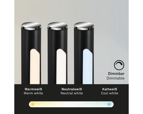 Drei dimmbare Leuchten mit verschiedenen Lichtfarben: warmweiss, neutralweiss und kaltweiss.