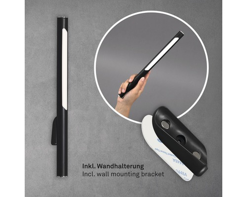 Schwarze LED-Akkuleuchte mit Wandhalterung