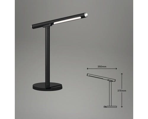 Schwarze Tischleuchte mit LED und Maßangaben