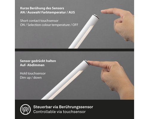 Bedienung einer Lampe durch kurzes Berühren des Sensors zum Ein- und Ausschalten, sowie zur Auswahl der Farbtemperatur, durch längeres Berühren des Sensors kann die Lampe gedimmt werden. Die Lampe ist durch einen Berührungssensor steuerbar.