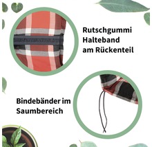 Gummiband am Rückenteil und Bindebänder am Saum
