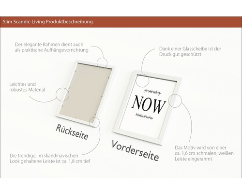 Zwei weisse Bilderrahmen, einer mit der Rückseite und einer mit der Vorderseite, mit dem Text: Yesterday, Now, Tomorrow