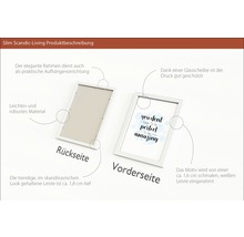Produktbeschreibung eines Bilderrahmens mit schmaler, weisser Leiste und Aufhängevorrichtung.