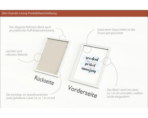 Produktbeschreibung eines Bilderrahmens mit schmaler, weisser Leiste und Aufhängevorrichtung.