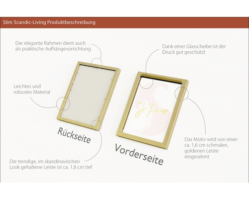 Produktbeschreibung eines Bilderrahmens mit schmalem, goldenem Rahmen, Vorder- und Rückseite.