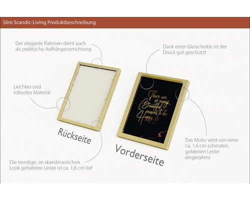 Produktbeschreibung für einen Bilderrahmen mit dünnem goldenen Rahmen und Aufhängvorrichtung.