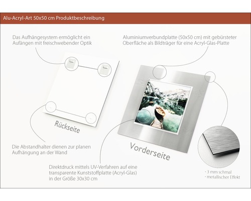 Produktbeschreibung Alu Acryl Art 50x50 cm mit Aufhängesystem und Aluminiumverbundplatte