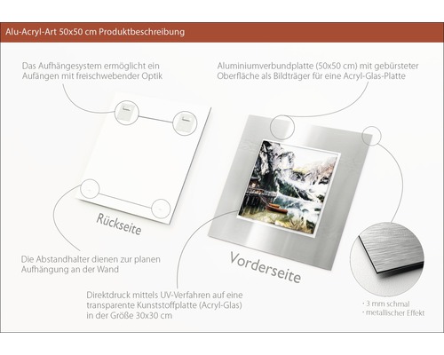 Aluminium Acryl Kunst 50x50 cm Produktbeschreibung mit Aufhängesystem und Direkt Druck auf Acryl Glas