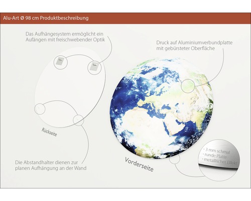Produktbeschreibung Alu-Art Durchmesser 98 Zentimeter mit Informationen zu Aufhängesystem, Rückseite, Druck, Aluminiumverbundplatte, Oberfläche und Abstandhalter.