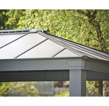 Detailansicht eines Pavillons mit transparentem Dach und Aluminiumrahmen