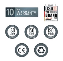 Zehn Jahre Garantie, Testsiegel Top Gartenmarke, Umweltmanagement ISO 14001 Zertifikat, Qualitätsmanagement ISO 9001 Zertifikat, Arbeitsschutzmanagement ISO 45001 Zertifikat, CE Kennzeichnung, Recyclingsymbol