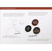 Produktbeschreibung: Rückseite der runden Wanddekoration mit Klebepunkten, Vorderseite mit Motiven und Sprüchen.