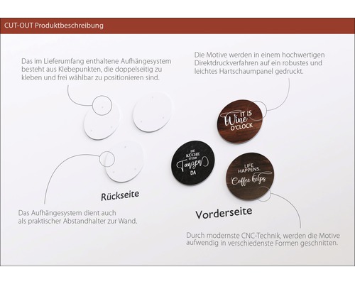 Produktbeschreibung: Rückseite der runden Wanddekoration mit Klebepunkten, Vorderseite mit Motiven und Sprüchen.