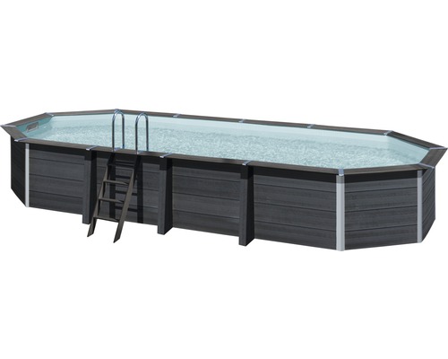 Kit de piscine hors sol en bois composite Gre ovale 804x386x124 cm avec groupe de filtration à sable, skimmer, échelle, sable filtrant et tapis de sol gris