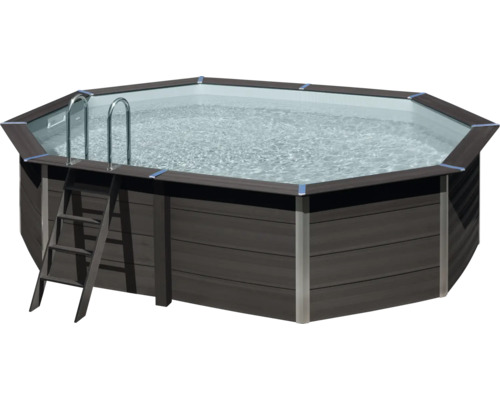 Kit de piscine hors sol en bois composite Gre ovale 525x386x124 cm avec groupe de filtration à sable, skimmer, échelle, sable filtrant et tapis de sol gris