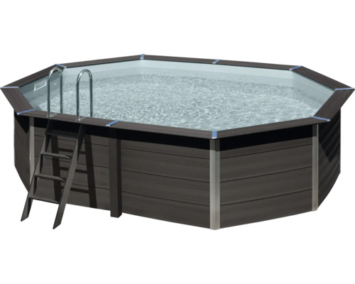 Aufstellpool WPC-Pool-Set Gre oval 525x386x124 cm inkl. Sandfilteranlage, Skimmer, Leiter, Filtersand & Bodenschutzvlies grau