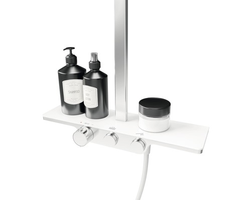 Système de douche apparent avec étagère, flexible de douche, shampoing, lait corporel et crème