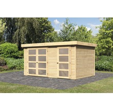Abri de jardin en bois avec portes coulissantes et fenêtres