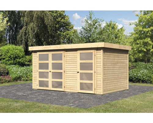 Abri de jardin en bois avec portes coulissantes et fenêtres