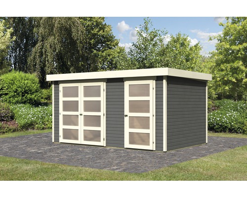 Abri de jardin avec double porte et porte simple devant un paysage de jardin