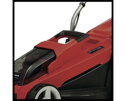 Vue détaillée d''une tondeuse à gazon avec poignée et technologie sans balais.