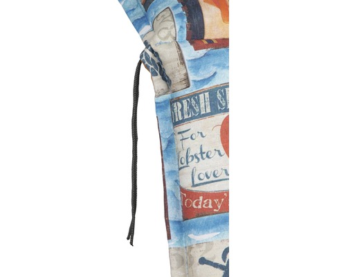 Vue détaillée d''un coussin de chaise de jardin avec motif maritime et bandes de fixation.