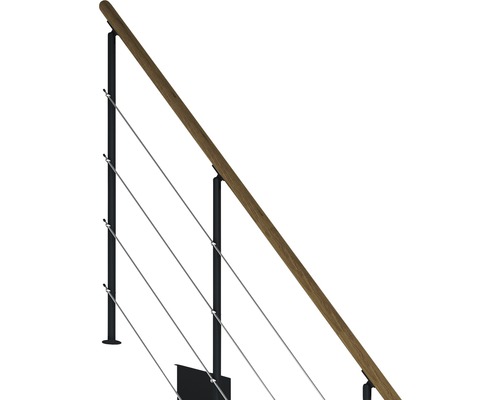 Garde-corps avec main courante en bois et câbles en acier