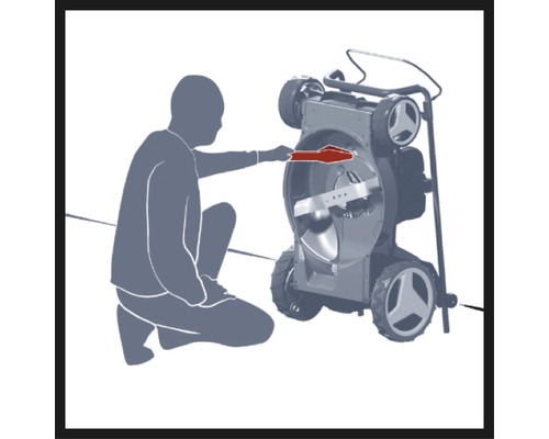 Darstellung einer Person, die ein Rasenmähermesser mit einem Hilfsmittel fixiert.