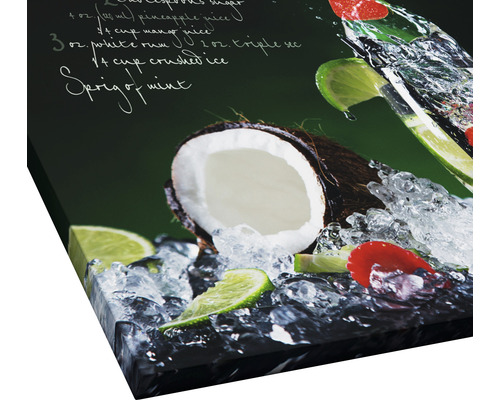 Tableau sur toile avec recette de cocktail, noix de coco, citrons verts, fraises et glaçons