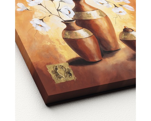 Peinture avec vases marron et fleurs blanches