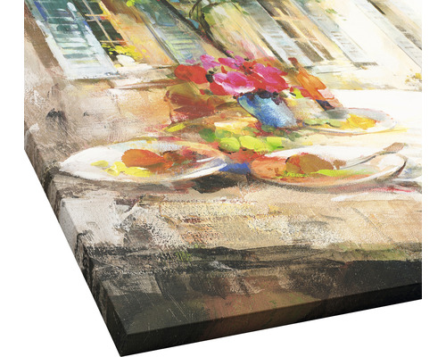 Peinture avec des aliments et des fleurs sur une table