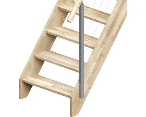 Escalier en bois avec garde-corps gris et remplissage en câble