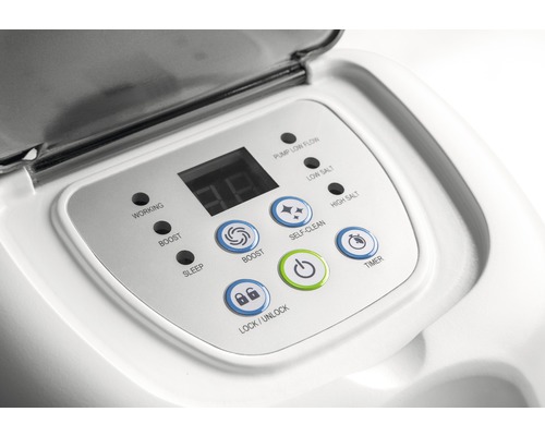 Panneau de commande d''un système de gestion de piscine avec affichage numérique et touches pour Boost, Sleep, Minuteur, Auto-nettoyage et Verrouillage/Déverrouillage