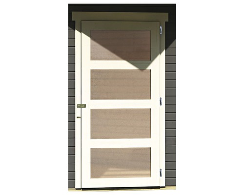 Porte en bois avec quatre panneaux rectangulaires et ferrures