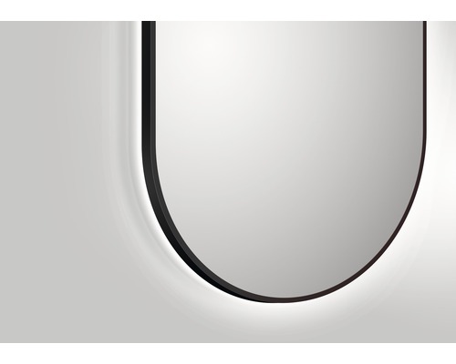 Vue détaillée d''un miroir avec des coins arrondis et un cadre noir