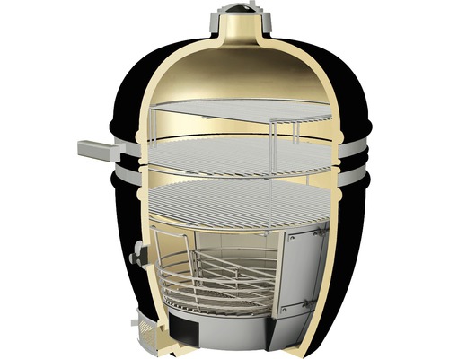 Querschnitt eines Keramikgrills mit Grillrosten