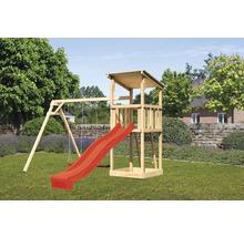 Tour de jeux en bois avec balançoire et toboggan dans le jardin