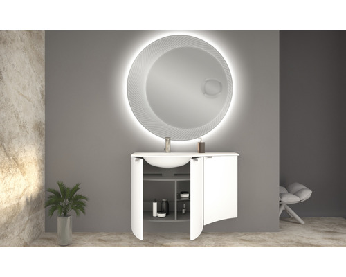 Salle de bain avec miroir lumineux, meuble-lavabo et plante
