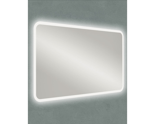 Miroir rectangulaire avec coins arrondis et éclairage LED pour salle de bains
