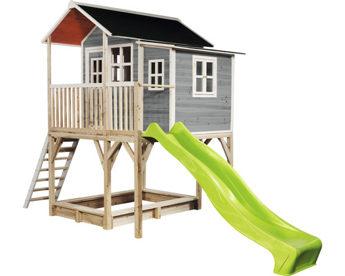 Spielhaus mit Rutsche, Leiter und Sandkasten aus Holz