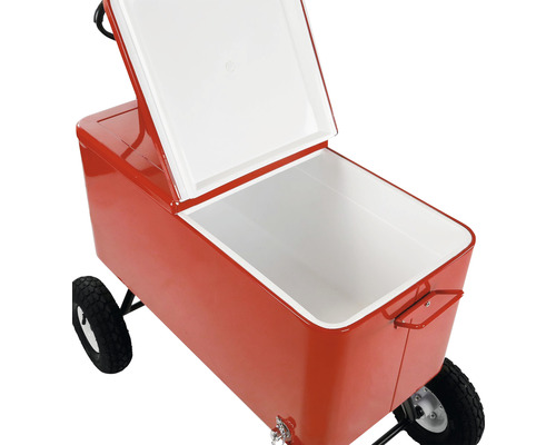 Glacière rouge avec roues et couvercle ouvert pour stocker des boissons et des aliments