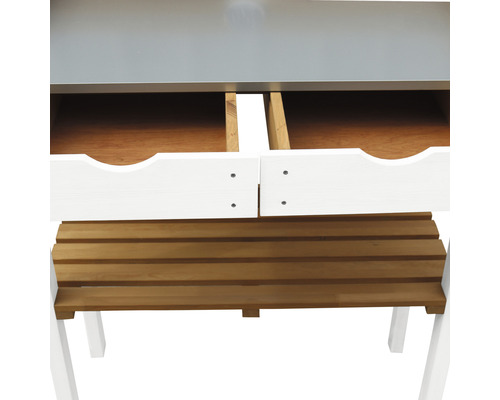 Vue détaillée d''un bureau d''enfant avec tiroirs et banc