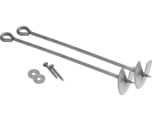 Deux piquets de terre avec œillet, deux vis et deux rondelles