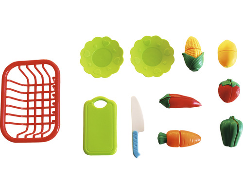 Set d''accessoires de cuisine jouet avec égouttoir, assiettes, planche à découper, couteau et aliments jouets